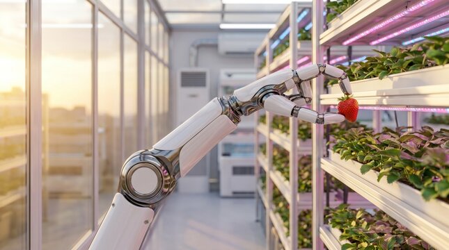 Robotic arm harvesting a ripe red strawberry in a modern indoor vertical farm with LED lights