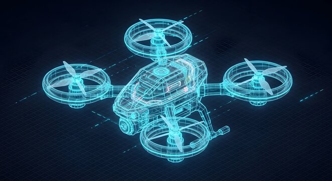 Digital Wireframe Drone Blueprint on Dark Technology Grid Background