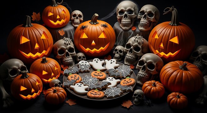 Halloween pumpkins skulls and cookies festive holiday illustration