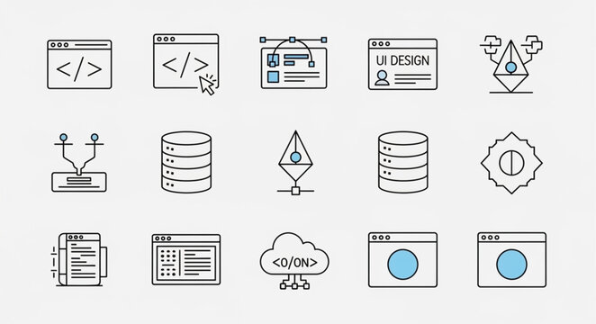 Collection of technology and programming icons for web development.