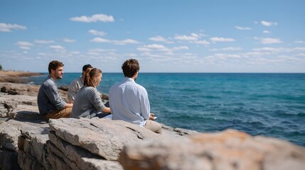 Fototapeta premium A small group of people sitting on a rocky ledge overlooking the vast blue ocean horizon