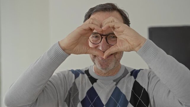 Man forms heart with hands through round glasses in building interior, smiling and showing bare hands and argyle sweater; joy connection.