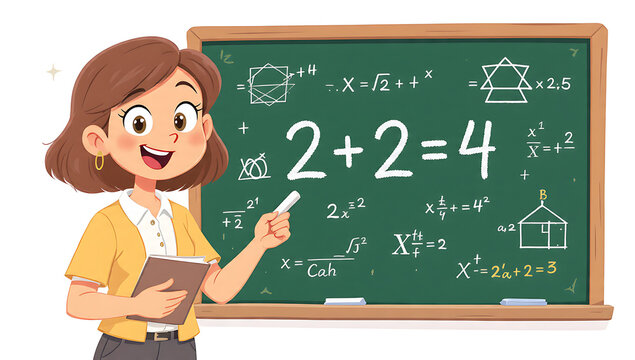 Smiling female teacher pointing at simple arithmetic on a green chalkboard