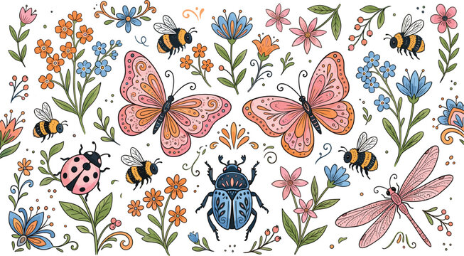 Colorful garden insects and flowers illustration, decorative nature composition with butterflies bees ladybug dragonfly and blooming plants pattern design