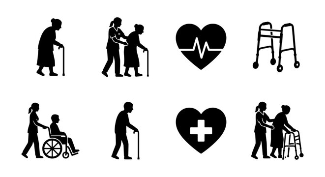 Elderly care silhouette icon set, senior people with nurse and caregiver, geriatric healthcare symbols with wheelchair and walker vector