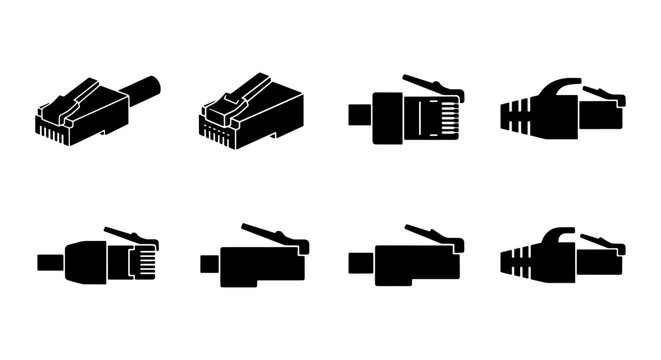 RJ45 ethernet connector icon set, network cable plug vector collection, 8 black silhouette internet hardware symbols for IT infrastructure and web design