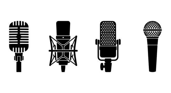 Vintage microphone vector icons set, professional studio condenser and dynamic mic silhouettes, podcast and broadcast equipment collection