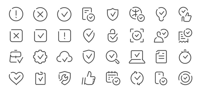 Check and security icon set. Verification and approval line icons