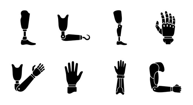 Prosthetic limb icons set, medical artificial arm and leg silhouettes, 8 bionic body part vector elements for healthcare and disability support
