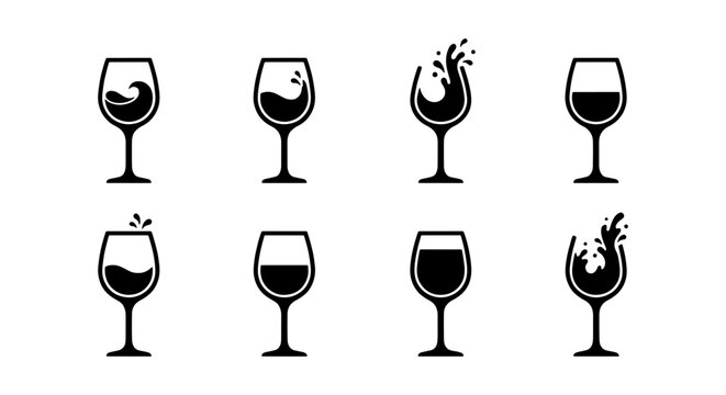 Minimalist wine glass icons set, black wine splash and pour silhouettes, 8 vector wine tasting symbols for restaurant menus and bar logos