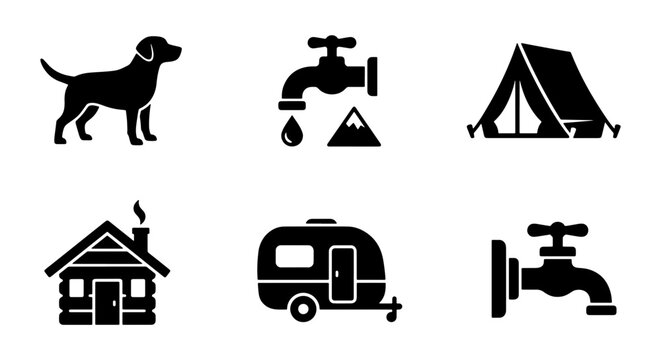 Camping and outdoor recreation icon set, black silhouette travel symbols including tent and caravan, national park and wilderness wayfinding vector elements