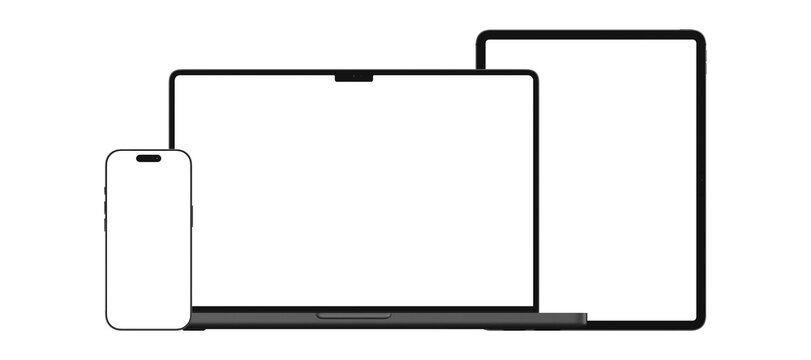 Front view device mockups, laptop, vertical tablet and smartphone with transparent screens, isolated responsive UI presentation.