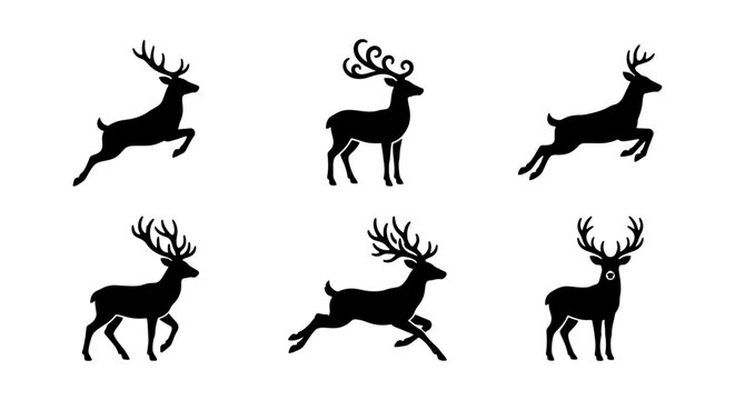 Black reindeer silhouette collection, set of 6 deer with antlers in jumping and standing poses, minimalist stag vector icons for winter holiday design