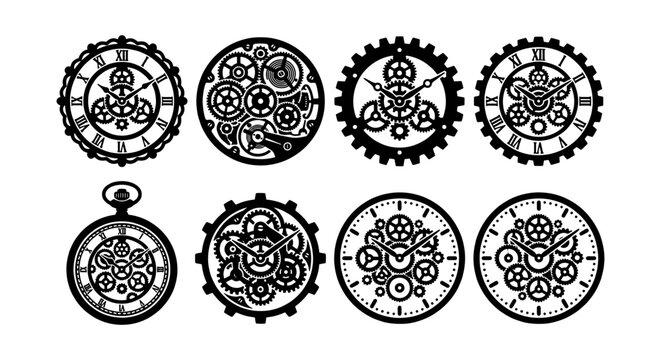 Steampunk clock gear icons, vintage mechanical watch faces with cogs and wheels, 8 black vector silhouette clockwork elements for industrial design