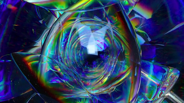 Colorful abstract moving background featuring iridescent crystal glass with rainbow light dispersion, creating a vibrant and mesmerizing futuristic pattern suitable for modern designs and visuals