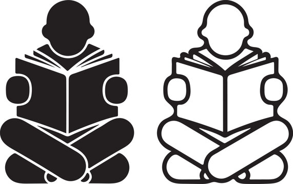 Person Reading Book Icon Set in Solid and Line Art Style for Education and Literacy Concept