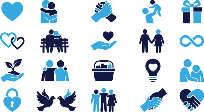 Diverse collection of caring and supportive human connection icons and symbols.