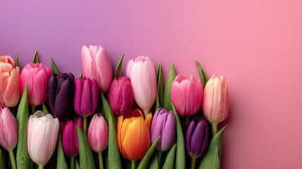 Fototapeta premium A vibrant assortment of colorful tulips blooming in full glory, their petals displaying an array of hues against a gradient backdrop, evoke a sense of spring.