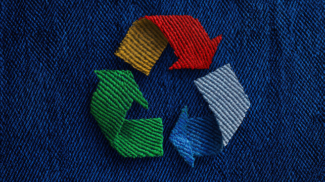 Colorful embroidered recycling symbol carefully stitched onto textured blue denim fabric background.