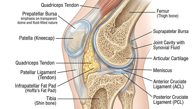 Sagittal cross‑section of the human knee joint showing femur, tibia, patella, quadriceps tendon, patellar ligament, meniscus, infrapatellar fat pad, cruciate ligaments, bursae and synovial fluid&ndash;fille
