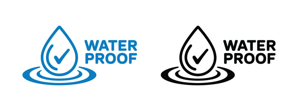 Waterproof Icon Vector Set, Water Resistant Symbols With Check Mark, Blue Gradient Label And Protection Sign, Liquid Shield And Safety Concept, Modern Vector Illustration For Product Packaging And Bra