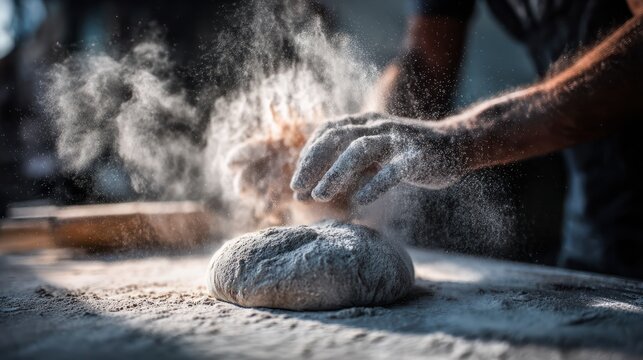 Hands kneading dough with flour cloud baking process close up