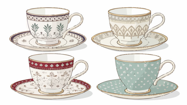 Variety set of elegant tea cups with saucers ornate patterns white background