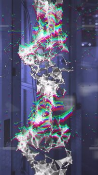 Generative AI driving luminous mesh before glass door, pulsing, emitting RGB dots for tech demo