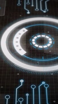Camera panning, ringed tech HUD revealing rotating core and circuit traces for designers, marketers
