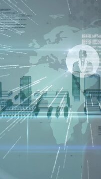 Diverse coworkers interacting with holographic 3D city model at virtual control console with chip