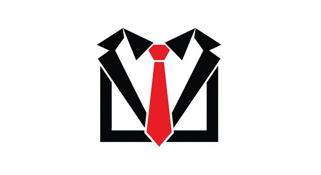 Tie icon in red and black with tuxedo jacket silhouette graphic logo for business and formalwear featuring necktie, suit, corporate with dress code