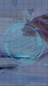 Hands hovering and typing, initiating fingerprint scan with pulsing icons for data protection