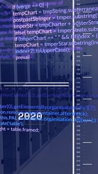 Vertical video: Blue code appearing, timeline scrolling up, year tags fading, showing history