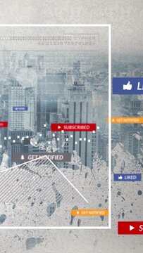 Vertical video: Framed city reacting to mouse reticle driving social media subscribe notify links