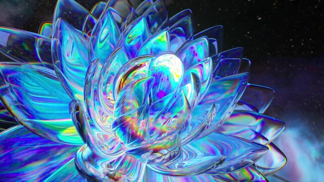 Iridescent crystal lotus flower slowly blooming and rotating in a dark cosmic scene with nebula clouds, revealing shimmering rainbow hues and mesmerizing light reflections in a serene loop