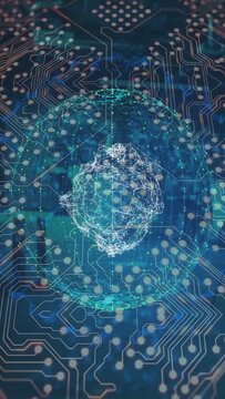 Vertical video: Digital globe pulsing and rotating on PCB, causing web forming and lighting traces