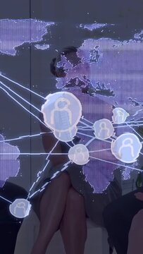 Panel sitting by LED map display overlay appearing and showing user or lock nodes analyzing cyber ri