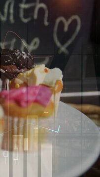 Blurred dessert entering, camera panning, cupcakes moving into focus via bakery chalkboard overlays
