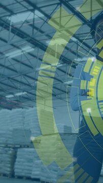 Vertical video: Warehouse manager being revealed by HUD sweeping from right while checking pallets