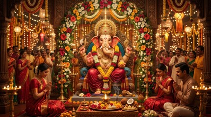 Fototapeta premium Festival Celebration of Ganesh Chaturthi with Devotees in Traditional Attire