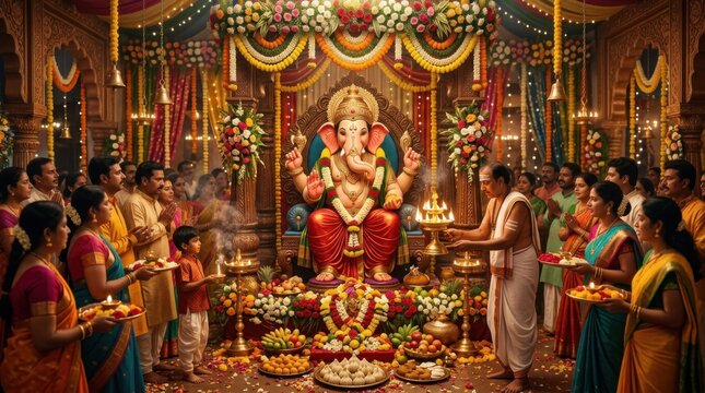 Grand Celebration of Ganesh Chaturthi Festival with Devotees Offering Prayers