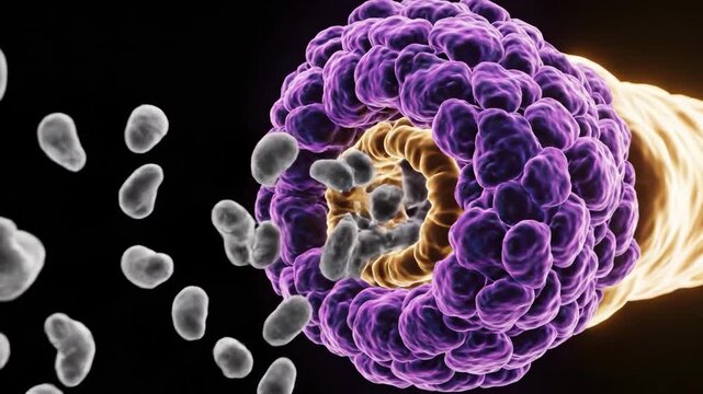 Sperm penetrating purple egg cell with yellow glow