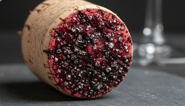 Vintage wine cork macro with deep ruby stain and tartrate crystals