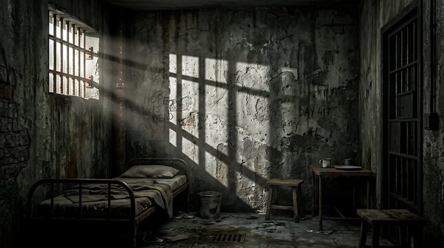Abandoned prison cell with a single bed and barred windows  dimly lit interior