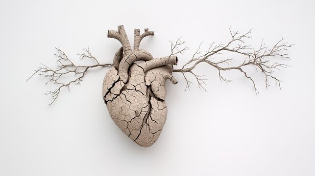 mortality. A fractured heart sculpture with vines growing through cracks, representing evolving mortality concepts. wellbeing guides.