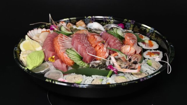 Chef prepared luxury sushi platter with fresh sashimi and nigiri featuring salmon tuna scallops oysters and shrimp rotating on black background.