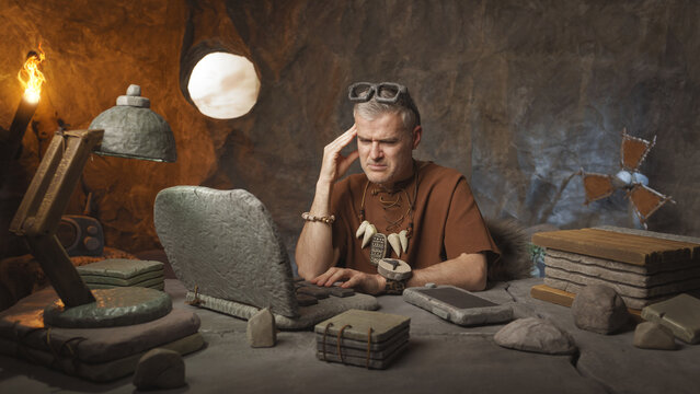 Prehistoric office worker having a bad headache