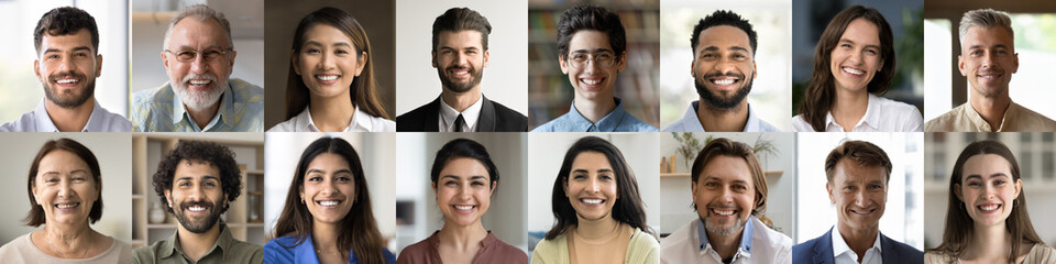 About us. Horizontal panoramic collage happy multiethnic business people community colleagues of diverse ethnicities genders generations professional staff portraits project developers united by work © fizkes