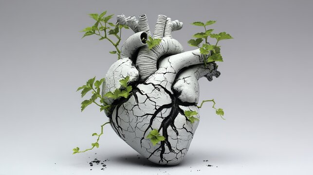 mortality. A fractured heart sculpture with vines growing through cracks, representing evolving mortality concepts. wellbeing guides.