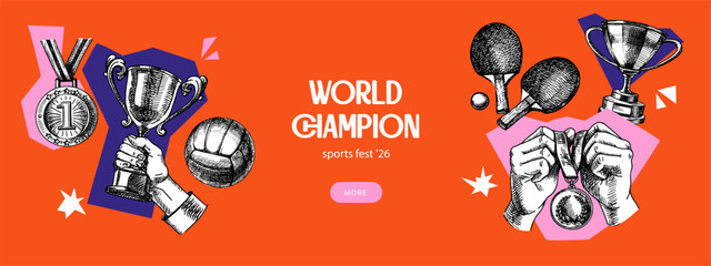 Obraz premium Background with sport trophy, medal and game balls, hand drawn collage design in vintage sketch style. International Sports Day poster. Vector isolated illustration